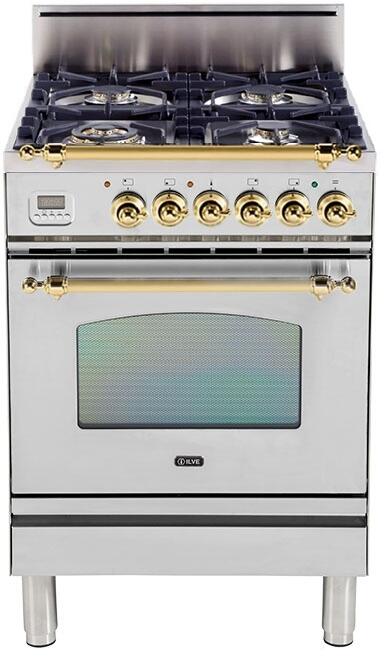 ILVE 24" Nostalgie Gas Range with 4 Brass Sealed Burners - 2.4 cu. ft. Oven - Brass Trim in Stainless Steel (UPN60DVGGI)