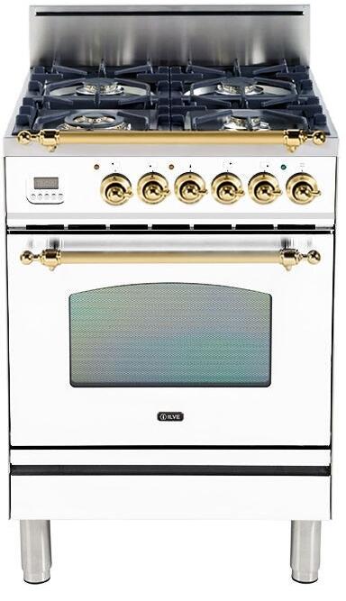 ILVE 24" Nostalgie Gas Range with 4 Brass Sealed Burners - 2.4 cu. ft. Oven - Brass Trim in True White (UPN60DVGGB)