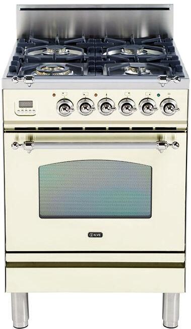 ILVE 24" Nostalgie Gas Range with 4 Brass Sealed Burners - 2.4 cu. ft. Oven - Chrome Trim in Antique White (UPN60DVGGAX)