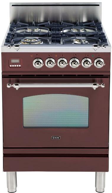 ILVE 24" Nostalgie Gas Range with 4 Brass Sealed Burners - 2.4 cu. ft. Oven - Chrome Trim in Burgundy (UPN60DVGGRBX)