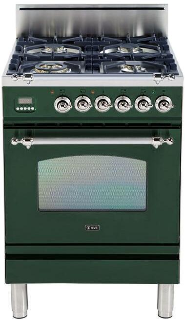 ILVE 24" Nostalgie Gas Range with 4 Brass Sealed Burners - 2.4 cu. ft. Oven - Chrome Trim in Emerald Green (UPN60DVGGVSX)