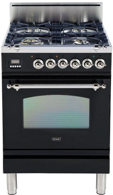 ILVE 24" Nostalgie Gas Range with 4 Brass Sealed Burners - 2.4 cu. ft. Oven - Chrome Trim in Gloss Black (UPN60DVGGNX)