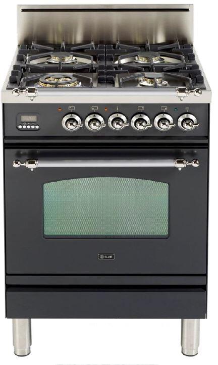 ILVE 24" Nostalgie Gas Range with 4 Brass Sealed Burners - 2.4 cu. ft. Oven - Chrome Trim in Graphite Matte (UPN60DVGGMX)