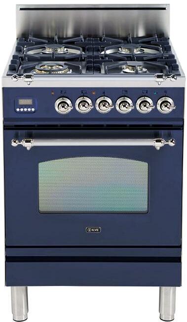 ILVE 24" Nostalgie Gas Range with 4 Brass Sealed Burners - 2.4 cu. ft. Oven - Chrome Trim in Midnight Blue (UPN60DVGGBLX)