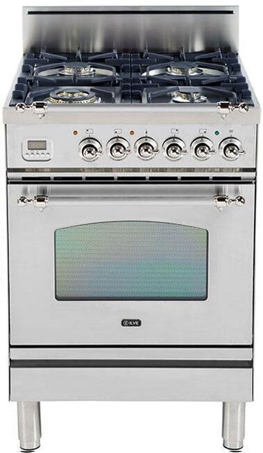 ILVE 24" Nostalgie Gas Range with 4 Brass Sealed Burners - 2.4 cu. ft. Oven - Chrome Trim in Stainless Steel (UPN60DVGGIX)