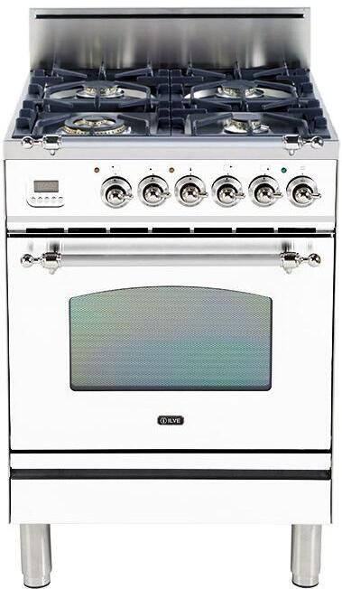 ILVE 24" Nostalgie Gas Range with 4 Brass Sealed Burners - 2.4 cu. ft. Oven - Chrome Trim in True White (UPN60DVGGBX)