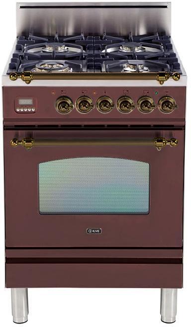 ILVE 24" Nostalgie Gas Range with 4 Semi-Sealed Burners in Burgundy with Bronze Trim (UPN60DVGGRBY)