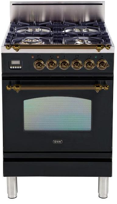 ILVE 24" Nostalgie Gas Range with 4 Semi-Sealed Burners in Gloss Black with Bronze Trim (UPN60DVGGNY)