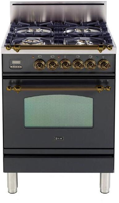 ILVE 24" Nostalgie Gas Range with 4 Semi-Sealed Burners in Graphite Matte with Bronze Trim (UPN60DVGGMY)