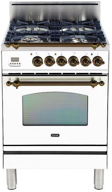 ILVE 24" Nostalgie Gas Range with 4 Semi-Sealed Burners in True White with Bronze Trim (UPN60DVGGBY)