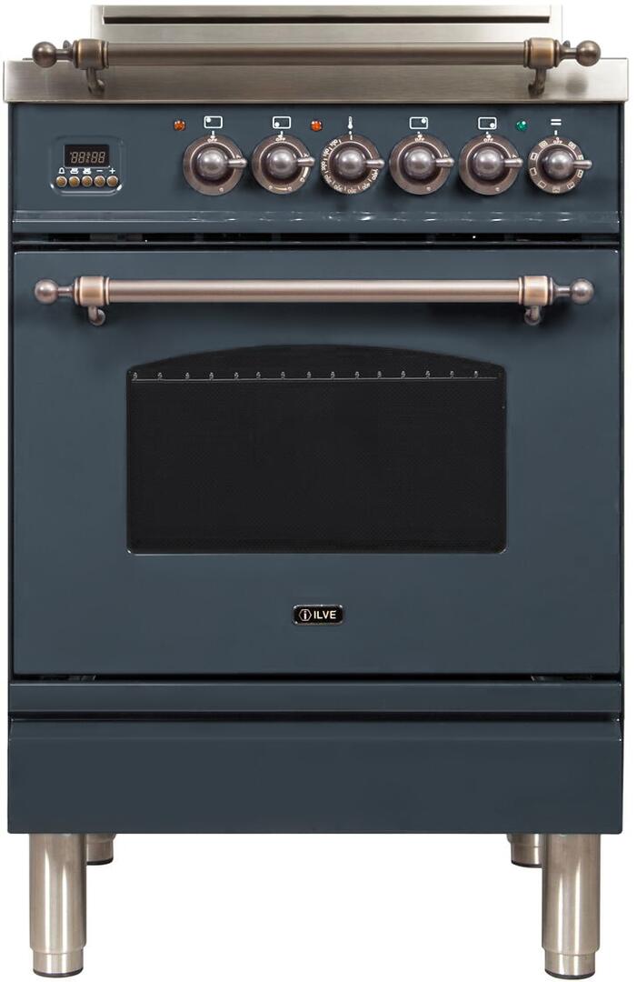 ILVE 24" Nostalgie Series Freestanding Single Oven Gas Range with 4 Sealed Burners in Blue Grey with Bronze Trim (UPN60DVGGGUY)