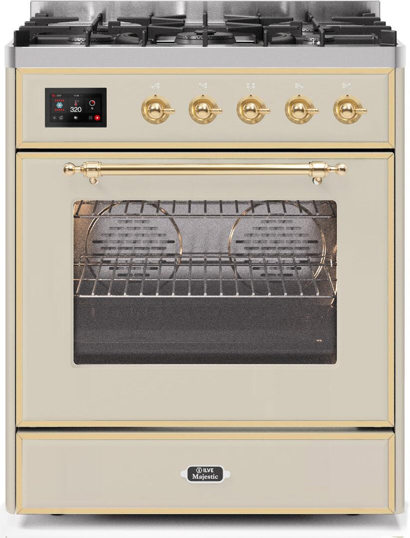 ILVE 30" Majestic II Dual Fuel Range with 5 Burners - 2.3 cu. ft. Oven - Brass Trim in Antique White (UM30DNE3AWG)