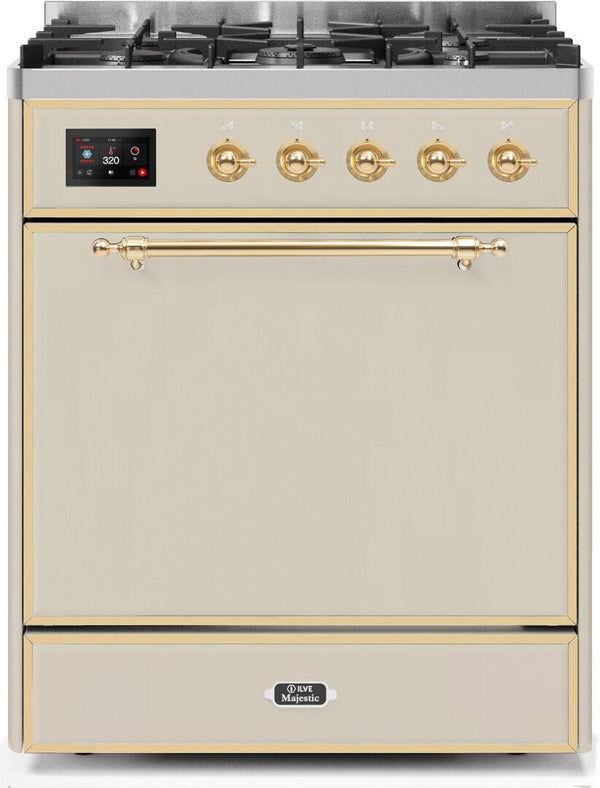 ILVE 30" Majestic II Dual Fuel Range with 5 Burners - 2.3 cu. ft. Oven - Brass Trim in Antique White (UM30DQNE3AWG)