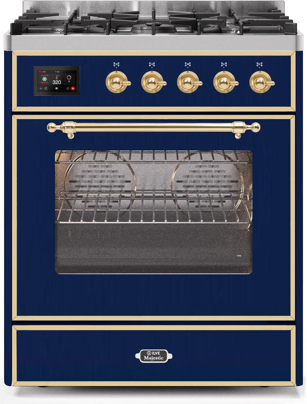 ILVE 30" Majestic II Dual Fuel Range with 5 Burners - 2.3 cu. ft. Oven - Brass Trim in Blue (UM30DNE3MBG)