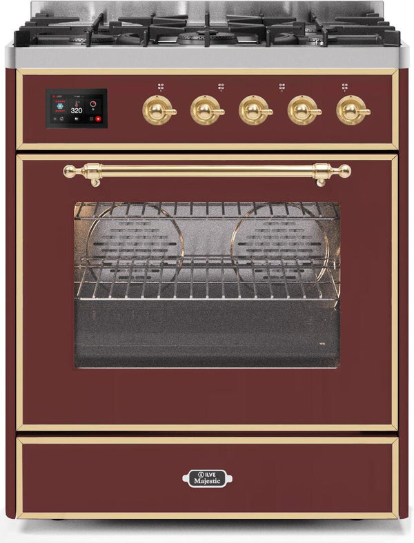 ILVE 30" Majestic II Dual Fuel Range with 5 Burners - 2.3 cu. ft. Oven - Brass Trim in Burgundy (UM30DNE3BUG)