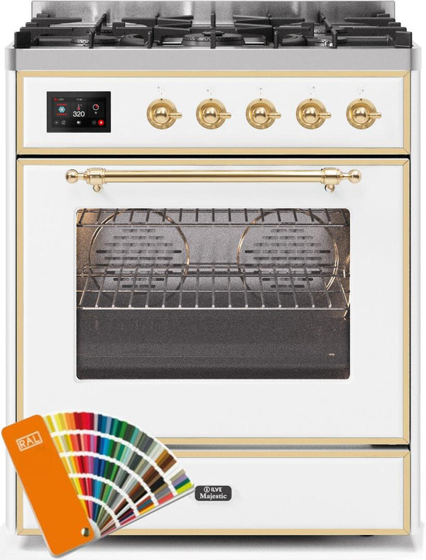 ILVE 30" Majestic II Dual Fuel Range with 5 Burners - 2.3 cu. ft. Oven - Brass Trim in Custom RAL Color (UM30DNE3RALG)