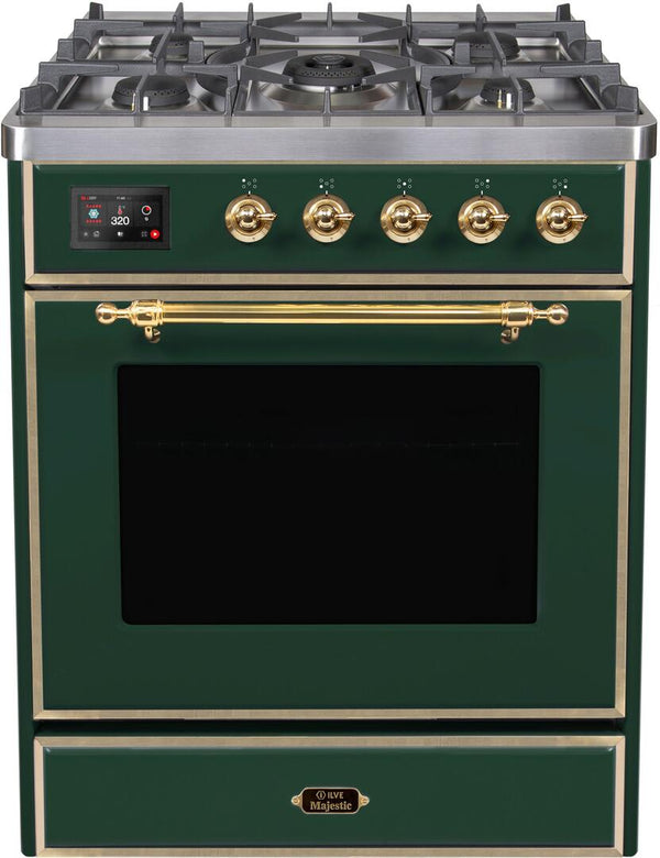 ILVE 30" Majestic II Dual Fuel Range with 5 Burners - 2.3 cu. ft. Oven - Brass Trim in Emerald Green (UM30DNE3EGG)