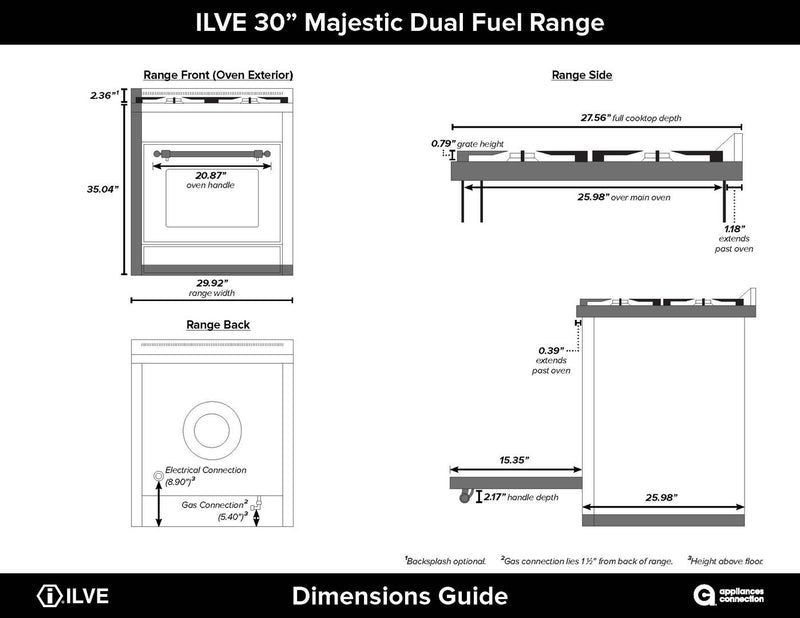 ILVE 30" Majestic II Dual Fuel Range with 5 Burners - 2.3 cu. ft. Oven - Brass Trim in Glossy Black (UM30DNE3BKG)