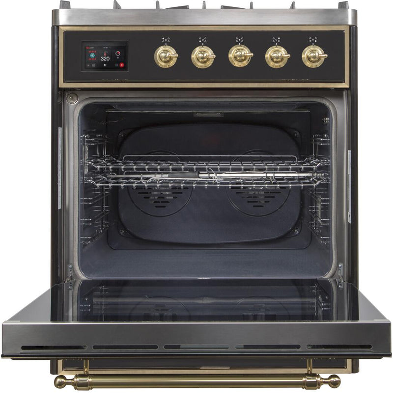 ILVE 30" Majestic II Dual Fuel Range with 5 Burners - 2.3 cu. ft. Oven - Brass Trim in Glossy Black (UM30DNE3BKG)