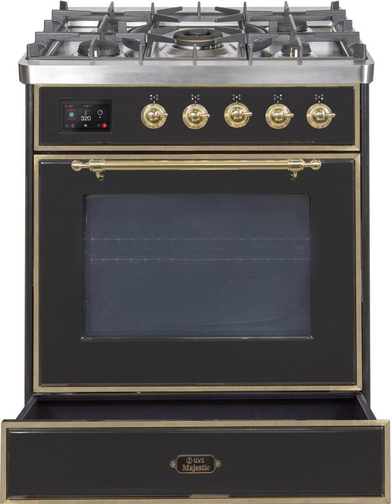 ILVE 30" Majestic II Dual Fuel Range with 5 Burners - 2.3 cu. ft. Oven - Brass Trim in Glossy Black (UM30DNE3BKG)