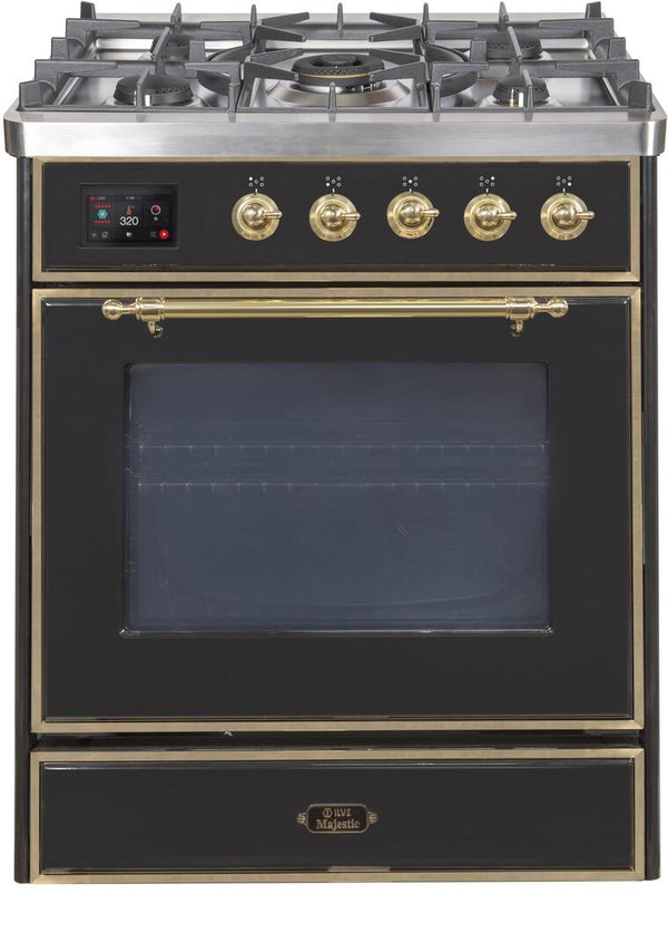 ILVE 30" Majestic II Dual Fuel Range with 5 Burners - 2.3 cu. ft. Oven - Brass Trim in Glossy Black (UM30DNE3BKG)