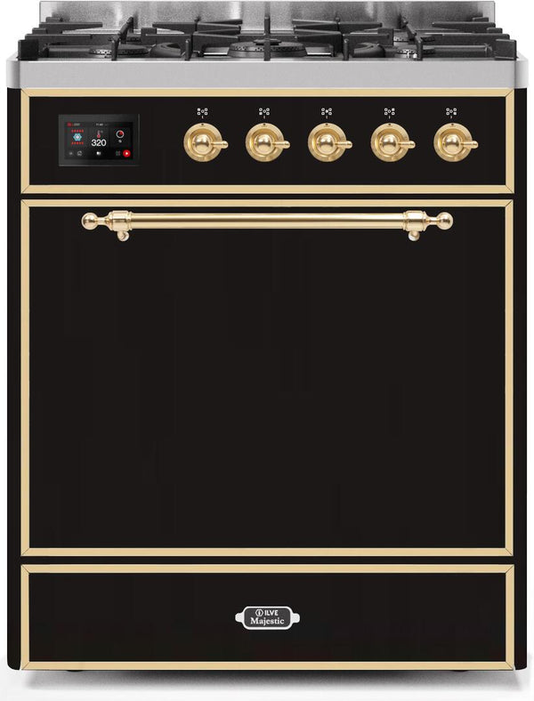 ILVE 30" Majestic II Dual Fuel Range with 5 Burners - 2.3 cu. ft. Oven - Brass Trim in Glossy Black (UM30DQNE3BKG)