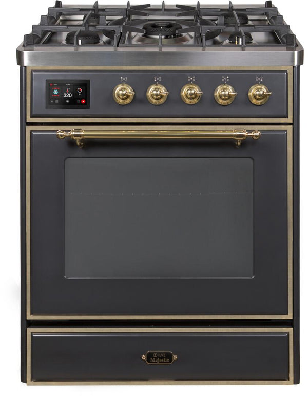 ILVE 30" Majestic II Dual Fuel Range with 5 Burners - 2.3 cu. ft. Oven - Brass Trim in Matte Graphite (UM30DNE3MGG)