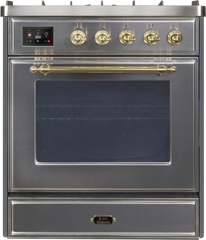 ILVE 30" Majestic II Dual Fuel Range with 5 Burners - 2.3 cu. ft. Oven - Brass Trim in Stainless Steel (UM30DNE3SSG)