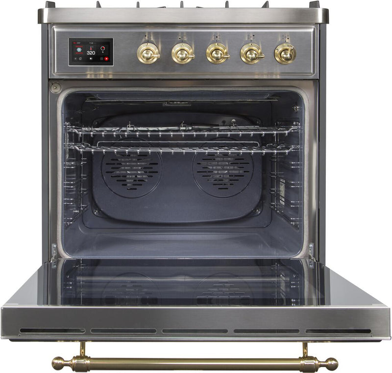 ILVE 30" Majestic II Dual Fuel Range with 5 Burners - 2.3 cu. ft. Oven - Brass Trim in Stainless Steel (UM30DNE3SSG)