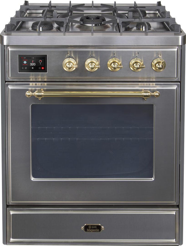 ILVE 30" Majestic II Dual Fuel Range with 5 Burners - 2.3 cu. ft. Oven - Brass Trim in Stainless Steel (UM30DNE3SSG)