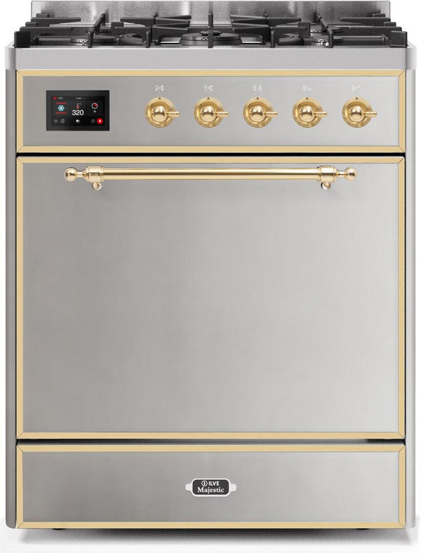 ILVE 30" Majestic II Dual Fuel Range with 5 Burners - 2.3 cu. ft. Oven - Brass Trim in Stainless Steel (UM30DQNE3SSG)