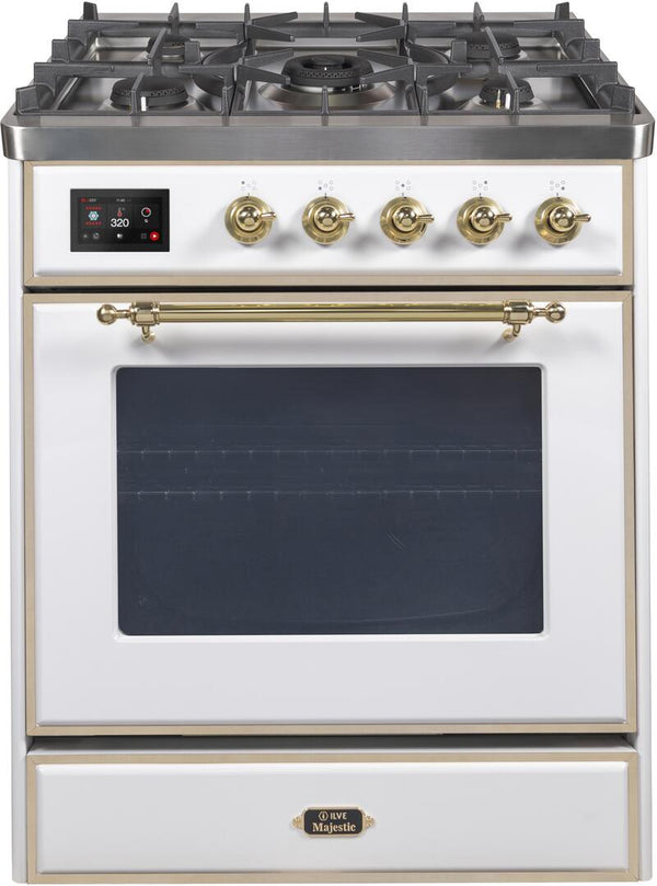 ILVE 30" Majestic II Dual Fuel Range with 5 Burners - 2.3 cu. ft. Oven - Brass Trim in White (UM30DNE3WHG)