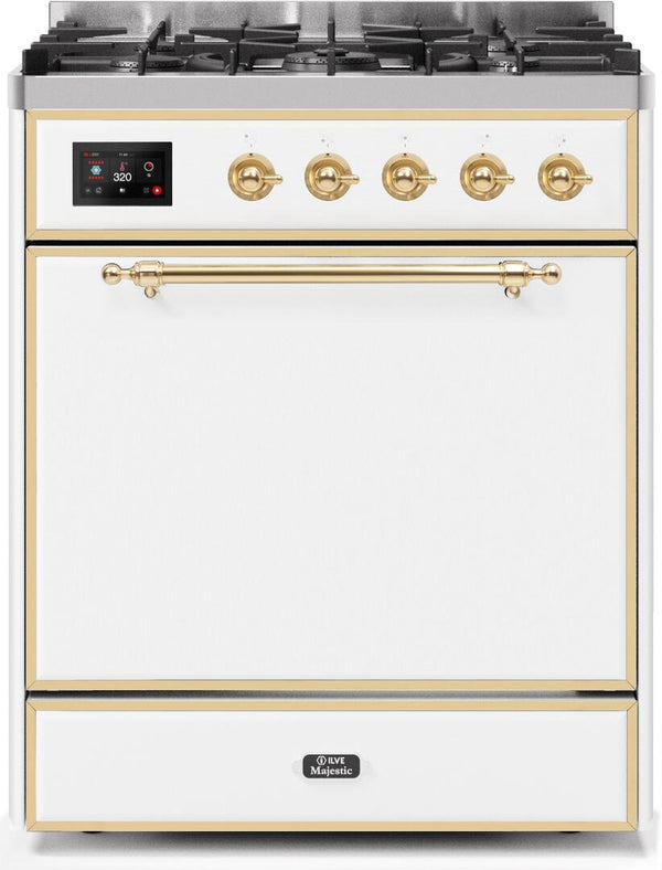 ILVE 30" Majestic II Dual Fuel Range with 5 Burners - 2.3 cu. ft. Oven - Brass Trim in White (UM30DQNE3WHG)