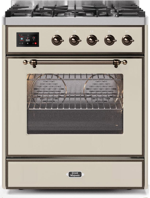 ILVE 30" Majestic II Dual Fuel Range with 5 Burners - 2.3 cu. ft. Oven - Bronze Trim in Antique White (UM30DNE3AWB)