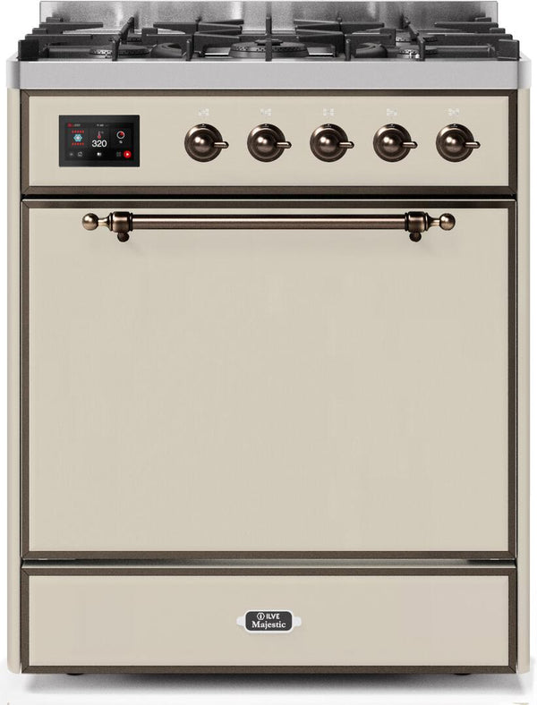 ILVE 30" Majestic II Dual Fuel Range with 5 Burners - 2.3 cu. ft. Oven - Bronze Trim in Antique White (UM30DQNE3AWB)