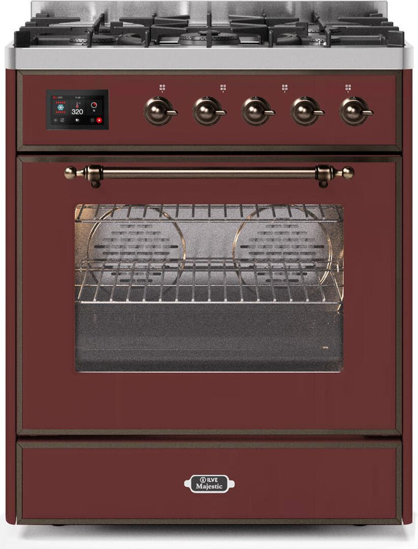 ILVE 30" Majestic II Dual Fuel Range with 5 Burners - 2.3 cu. ft. Oven - Bronze Trim in Burgundy (UM30DNE3BUB)