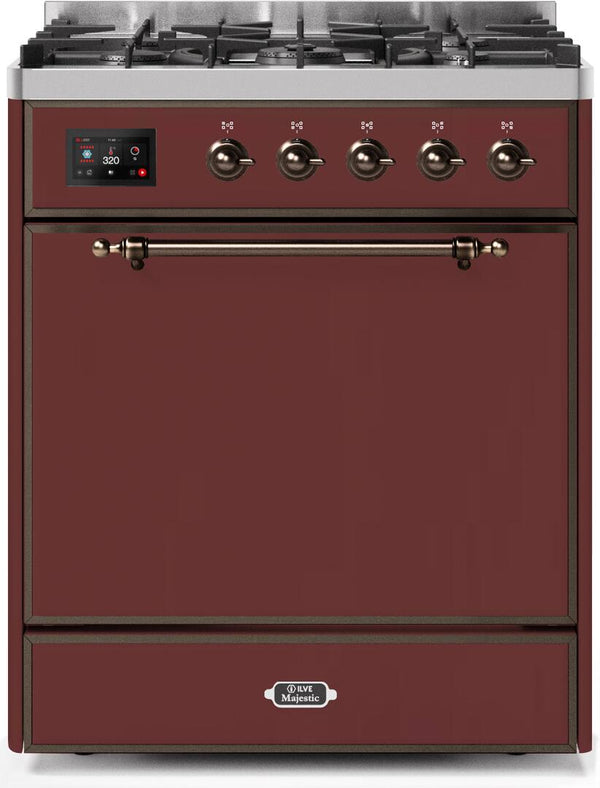 ILVE 30" Majestic II Dual Fuel Range with 5 Burners - 2.3 cu. ft. Oven - Bronze Trim in Burgundy (UM30DQNE3BUB)