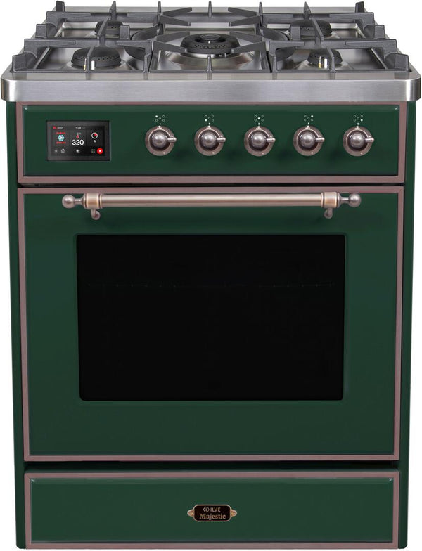 ILVE 30" Majestic II Dual Fuel Range with 5 Burners - 2.3 cu. ft. Oven - Bronze Trim in Emerald Green (UM30DNE3EGB)