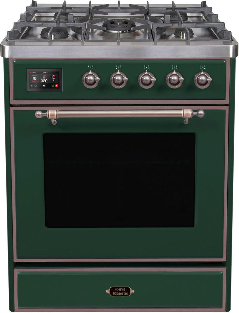 ILVE 30" Majestic II Dual Fuel Range with 5 Burners - 2.3 cu. ft. Oven - Bronze Trim in Emerald Green (UM30DNE3EGB)