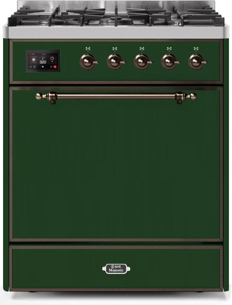 ILVE 30" Majestic II Dual Fuel Range with 5 Burners - 2.3 cu. ft. Oven - Bronze Trim in Emerald Green (UM30DQNE3EGB)