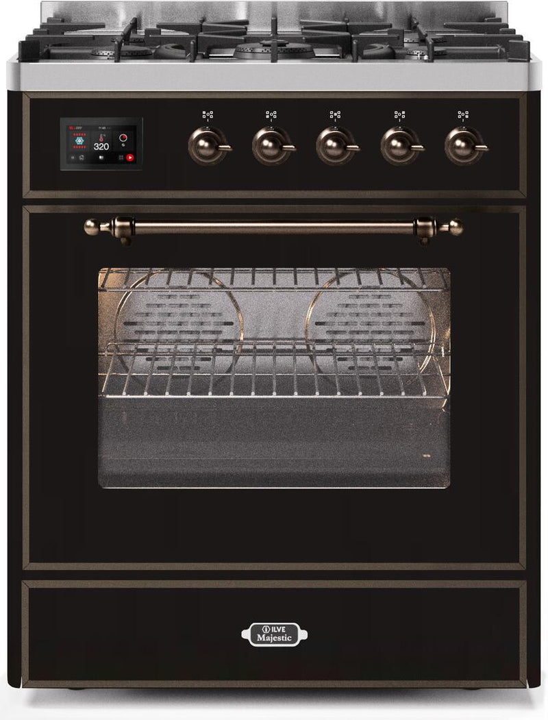 ILVE 30" Majestic II Dual Fuel Range with 5 Burners - 2.3 cu. ft. Oven - Bronze Trim in Glossy Black (UM30DNE3BKB)