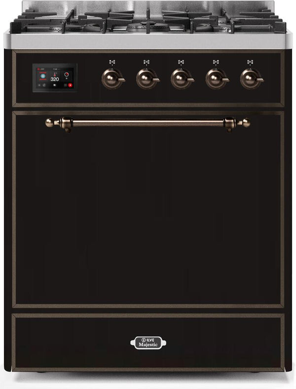 ILVE 30" Majestic II Dual Fuel Range with 5 Burners - 2.3 cu. ft. Oven - Bronze Trim in Glossy Black (UM30DQNE3BKB)