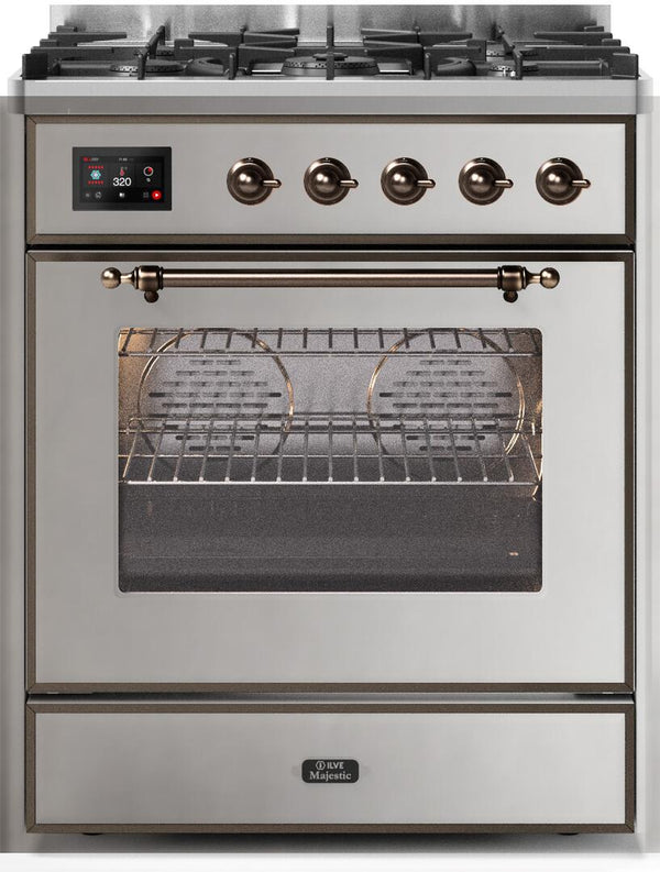 ILVE 30" Majestic II Dual Fuel Range with 5 Burners - 2.3 cu. ft. Oven - Bronze Trim in Stainless Steel (UM30DNE3SSB)