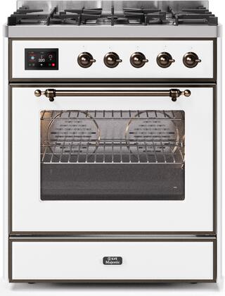 ILVE 30" Majestic II Dual Fuel Range with 5 Burners - 2.3 cu. ft. Oven - Bronze Trim in White (UM30DNE3WHB)