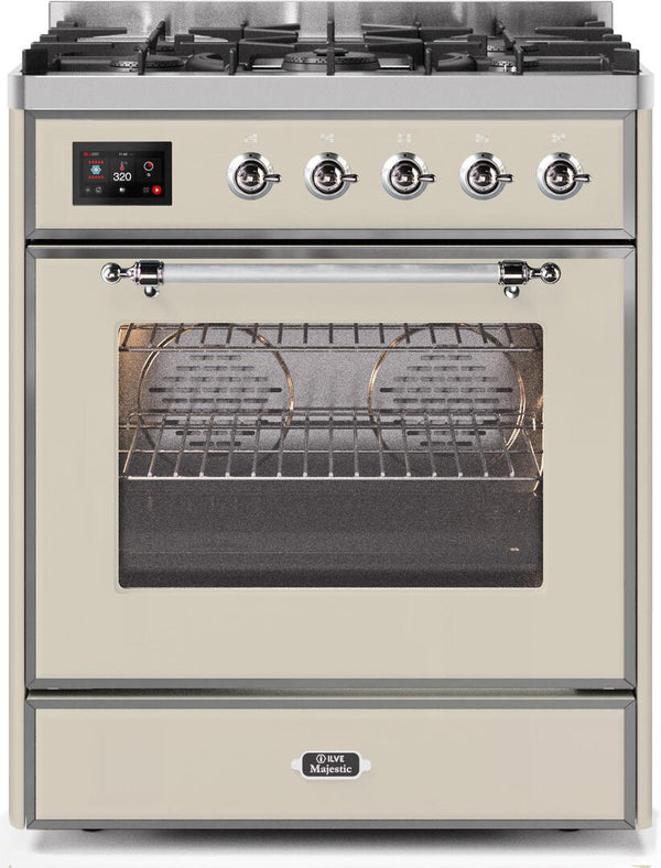 ILVE 30" Majestic II Dual Fuel Range with 5 Burners - 2.3 cu. ft. Oven - Chrome Trim in Antique White (UM30DNE3AWC)