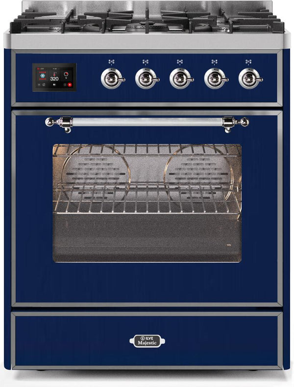 ILVE 30" Majestic II Dual Fuel Range with 5 Burners - 2.3 cu. ft. Oven - Chrome Trim in Blue (UM30DNE3MBC)