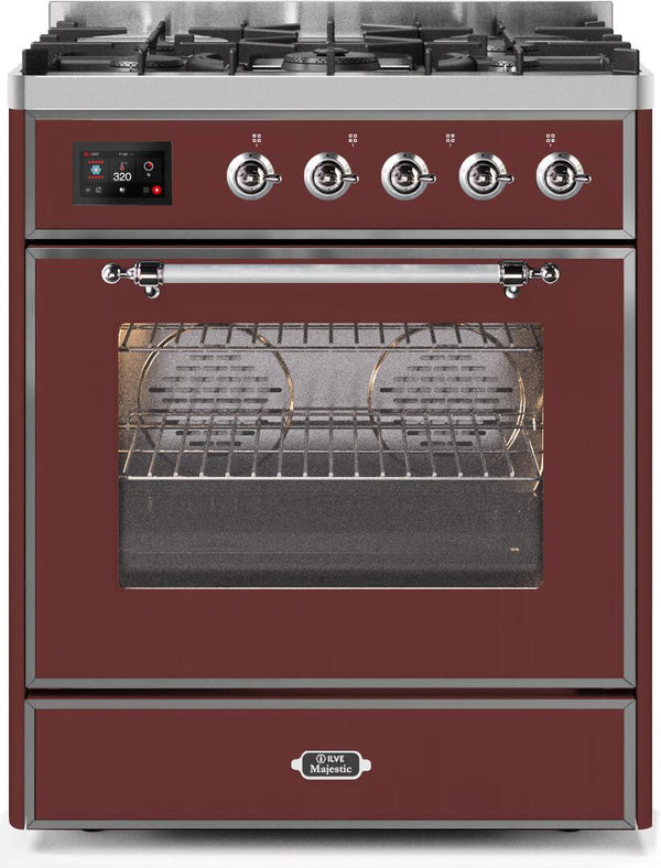 ILVE 30" Majestic II Dual Fuel Range with 5 Burners - 2.3 cu. ft. Oven - Chrome Trim in Burgundy (UM30DNE3BUC)