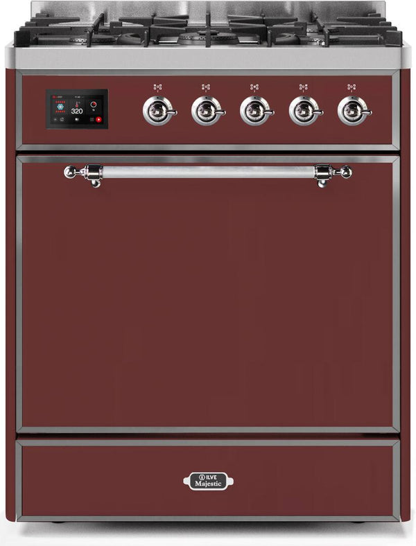 ILVE 30" Majestic II Dual Fuel Range with 5 Burners - 2.3 cu. ft. Oven - Chrome Trim in Burgundy (UM30DQNE3BUC)