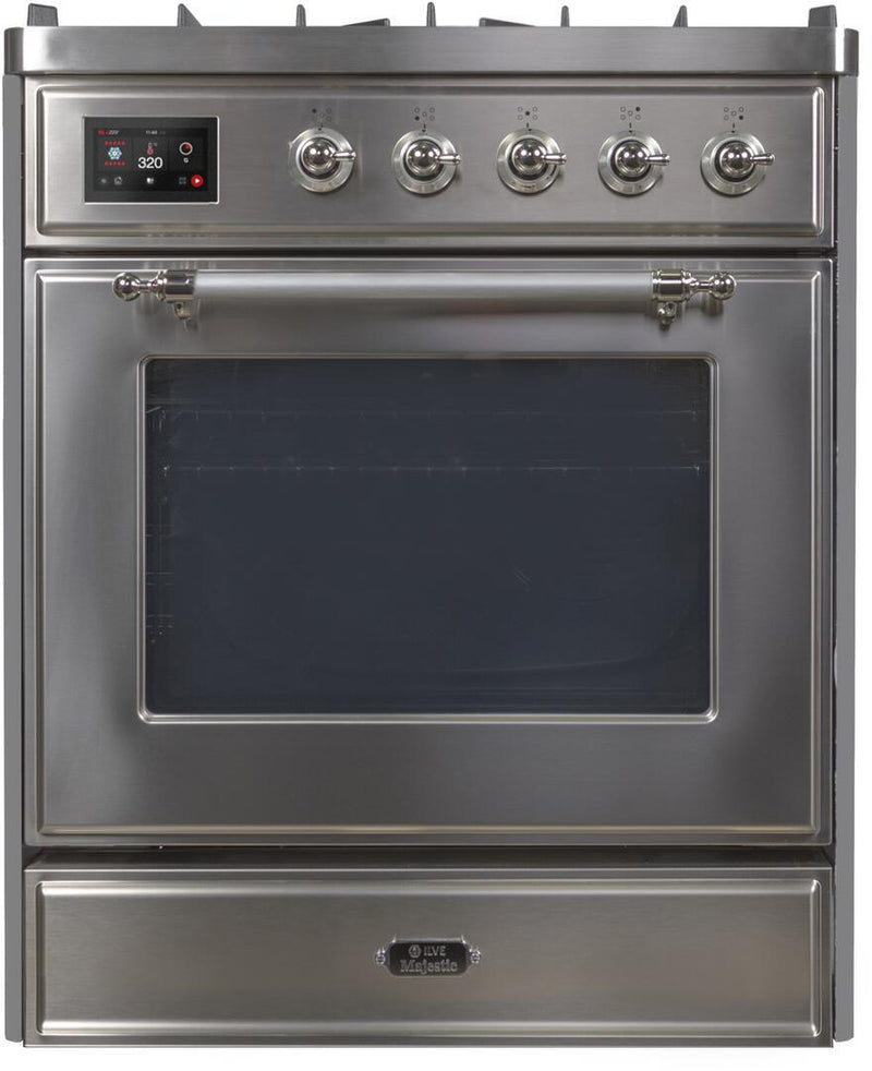 ILVE 30" Majestic II Dual Fuel Range with 5 Burners - 2.3 cu. ft. Oven - Chrome Trim in Stainless Steel (UM30DNE3SSC)