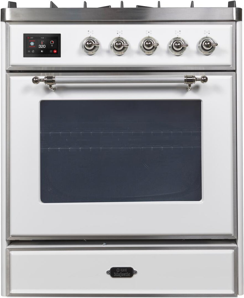 ILVE 30" Majestic II Dual Fuel Range with 5 Burners - 2.3 cu. ft. Oven - Chrome Trim in White (UM30DNE3WHC)